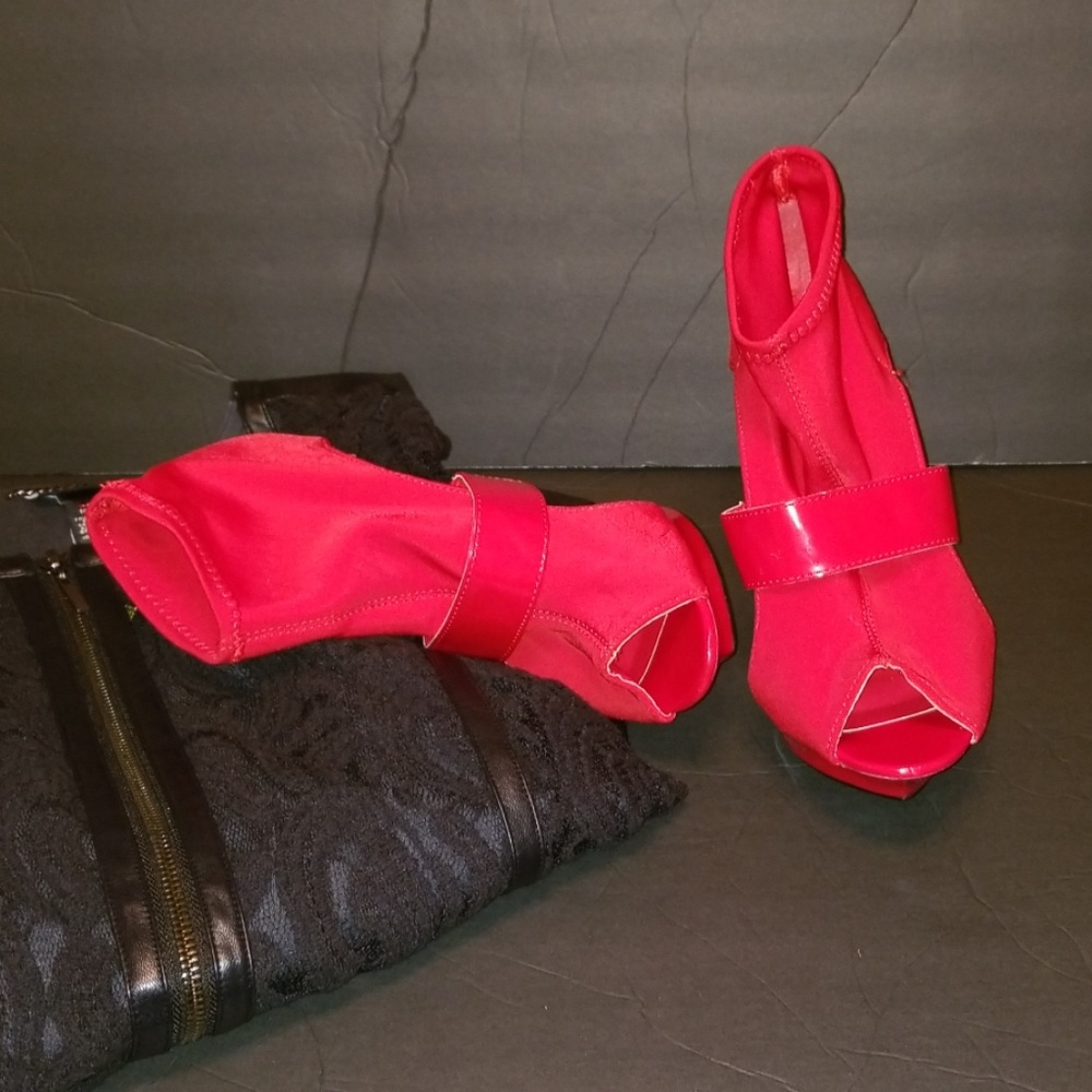 Kalli Pola Red Stiletto Peep Toe Sock Boot